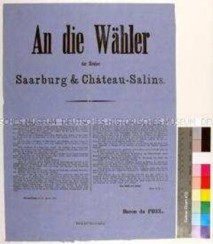 Vorstellung des Wahlkandidaten Baron du Prel zur Reichstagswahl 1874 der Wahlkreise Saarburg und Château-Salins