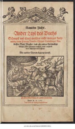 Reinicken Füchs.|| Ander Teyl des Buchs || Schimpff vnd Ernst/ welches nicht weniger kurtz=||weillig denn Centum Nouella/ Esopus/ Eulenspiegel/ Alte || weisen/ Weise Meyster/ vnd alle andere kůrtzweilige || Bücher/ Aber zulernen weißheit vnnd verstand || weit nützlicher vnd besserer.|| ... ||