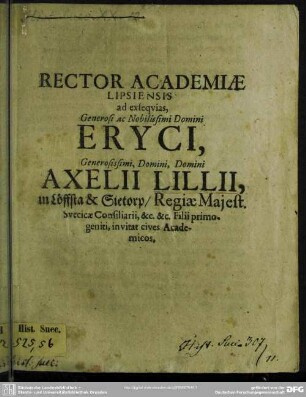 Rector academiae Lipsiensis ad exsequias Eryci Axelii Lillii ... invitat
