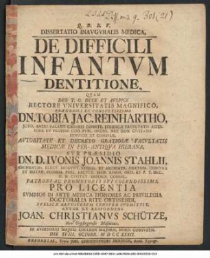Dissertatio Inavgvralis Medica, De Difficili Infantvm Dentitione