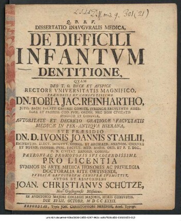 Dissertatio Inavgvralis Medica, De Difficili Infantvm Dentitione