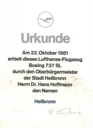 Urkunde über die Taufe eines Lufthansa-Flugzeugs auf den Namen "Heilbronn" durch OB Dr. Hoffmann