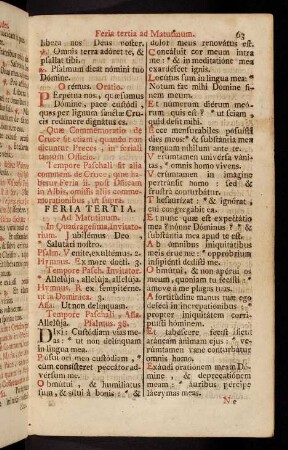 63-82, Feria tertia ad Matutinum; Feria tertia ad Laudes; Feria quarta ad Matutinum;