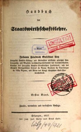 Handbuch der Staatswirthschaftslehre. 1