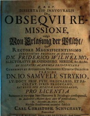 Dissertatio Inauguralis De Obsequii Remissione, vulgo Von Erlaßung der Pflicht