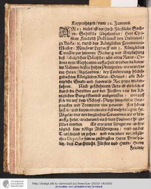Werbung und Empfahung Deß Königl. Dänischen uralten Ritter-Ordens Von Elephanten/ neben andern leswürdigen Zeitungen.
