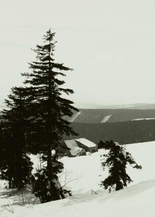 Klinovec, Keilberggebiet, Unruhstollen am Westhang, , Huthaus. Blick nach Südwesten