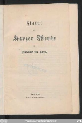Statut der Harzer Werke zu Rübeland und Zorge