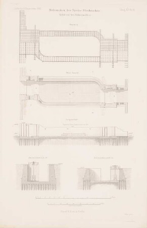 Melioration des Niederoderbruchs: Grundriss, Ansicht, Längsschnitt, Schnitte Schleuse bei Hohensaathen (aus: Atlas zur Zeitschrift für Bauwesen, hrsg. v. G. Erbkam, Jg. 12, 1862)