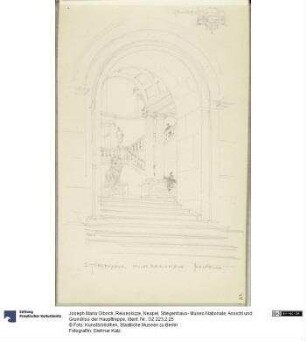 Reiseskizze, Neapel, Stiegenhaus- Museo Nationale, Ansicht und Grundriss der Haupttreppe