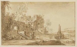 Landschaft mit Ruinien und Säulenstumpf rechts