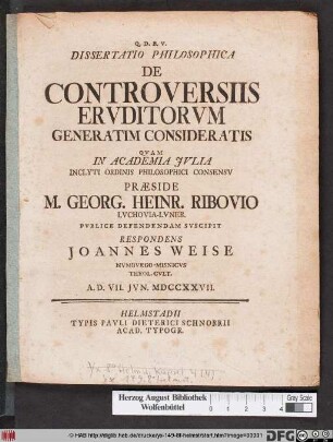 Dissertatio Philosophica De Controversiis Ervditorvm Generatim Consideratis
