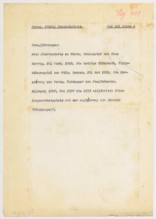 Festspielhaus, Worms: Schriftstück zum Fragebogen für das Handbuch »Das Deutsche Theater«