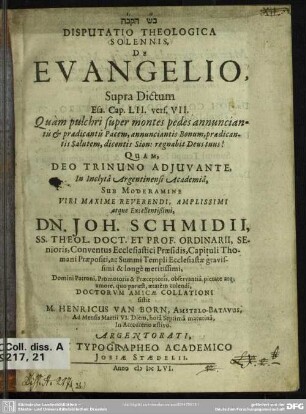 Disputatio theologica solennis, de evangelio supra dictum Esa. cap. LII. vers. VII.