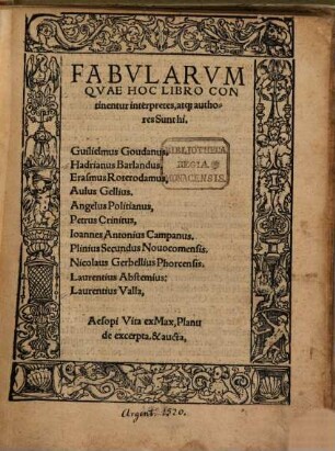 Fabularum que hoc libro continentur, interpretes atque authores sunt hi: Guil. Goudanus, H. Barlandus ... et Nic. Gerbellius Phorc.