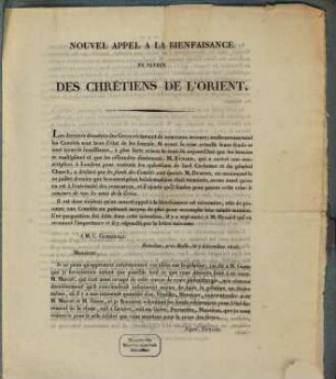 Nouvel Appel à la bienfaisance en faveur des Chrétiens de l'Orient