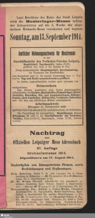 Nachtrag zum Offiziellen Leipziger Mess-Adressbuch 37. Auflage Michaelismesse 1914