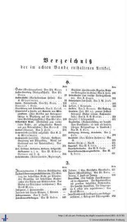 Verzeichniß der im achten Bande enthaltenen Artikel.