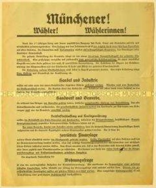 Programmatischer Wahlaufruf der Bayerischen Volkspartei an die Münchner anlässlich der bayerischen Kreiswahlen Juni 1919