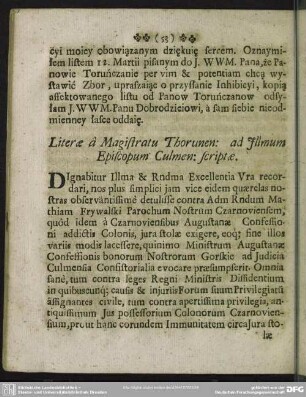 Literae à Magistratu Thorunen: ad Illmum Episcopum Culmen: scriptae