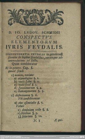 D. Io. Ludov. Schmidii Conspectus Elementorum Iuris Feudalis