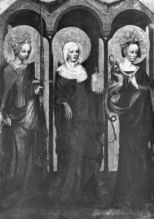 Altar im geöffneten Zustand — Oberes Bildfeld: die Heiligen Katharina, Maria Magdalena und Margaretha