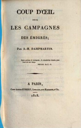 Coup d'oeil sur les campagnes des émigrés