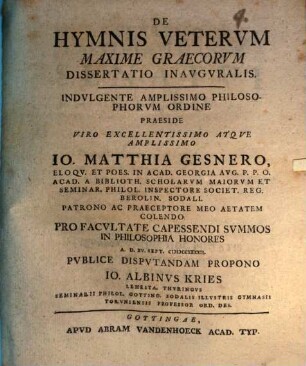 De hymnis Veterum, maxime Graecorum, dissertatio inauguralis