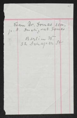Brief von Clara Jonas an Margarete Hauptmann