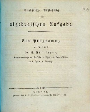 Analytische Auflößung einer algebraischen Aufgabe