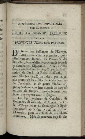 Considerations Impartiales Sur La Guerre Entre La Grande - Bretagne Et Les Provinces Unies Des Pais-Bas.