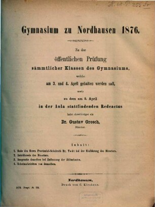 Zu der öffentlichen Prüfung der Schüler des Gymnasiums, welche ... gehalten werden soll, ladet ergebenst ein. 1875/76