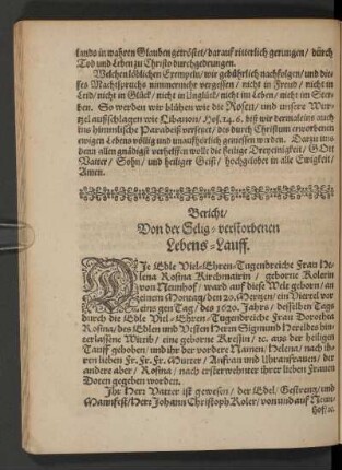 Bericht/ Von der Selig-verstorbenen Lebens-Lauff.