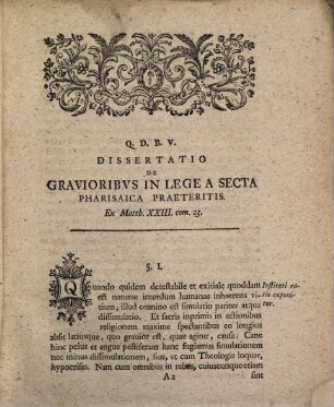 Diss. philol. de gravioribus in lege a secta Pharisaica praeteritis : ex Matth. cap. XXIII. com. 23