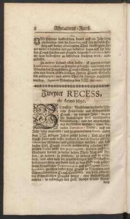 Zweyter Recess, de Anno 1692.