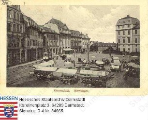 Darmstadt, Marktplatz mit Marktbrunnen und Marktständen