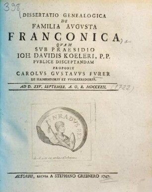 Dissertatio Genealogica De Familia Avgvsta Franconica