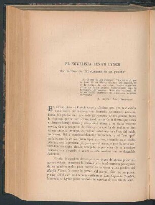 El novelista Benito Lynch : Con motivo de "El romance de un gaucho"