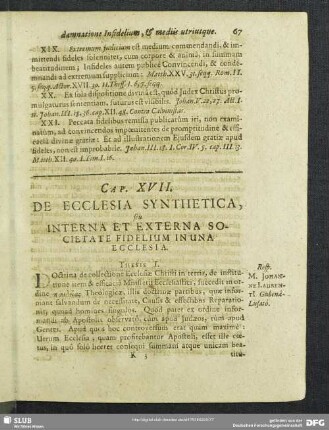 Cap. XVII. De Ecclesia Synthetica, seu Interna Et Externa Societate Fidelium in Una Ecclesia