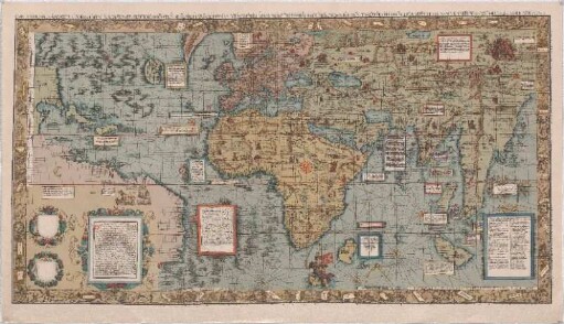 Carta Marina Navigatoria Portvgallen Navigationes Atqve Tocivs Cogniti Orbis Terre Marisqve Formam Naturamque Sitvs Et Terminos Nostris Temporibvs Recognitos Et Ab Antiqvorvm Traditione Differente. Eciam Qvor. [um] Vetvsti Non Meminervnt Avtores, Hec Generaliter Indicat : Cvm Gratia Et Privilegio Imperiali Ad Qvatvor Annos ; [gewidmet:] Hvgonis De Hassardis