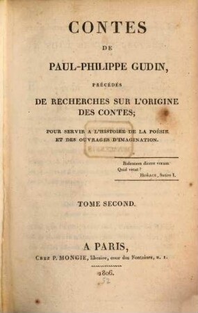 Contes de Paul-Philippe Gudin : précédés de recherches sur l'origine des contes; Pour servir a l'histoire de la poésie et des ouvrages d'imagination. 2