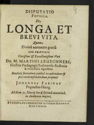 Disputatio Physica. De Longa Et Brevi Vita