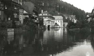 Rathen-Niederrathen. Elbhochwasser in der Mündung des Grünbaches (Amselgrund). Blick talauf nach Nordost