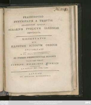 Praescriptio Immvnitatis A Tribvtis Praesertim Qvoad Aerarivm Pvblicvm Saxoniae Impvgnata : Dissertatio