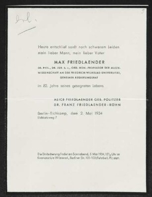 Brief von Alice Friedländer und Franz Röhn an Gerhart Hauptmann