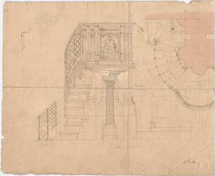 Voit, August von; Lingenfeld; Kath. Kirche St. Martin - Kanzel (Grundriss, Ansicht)